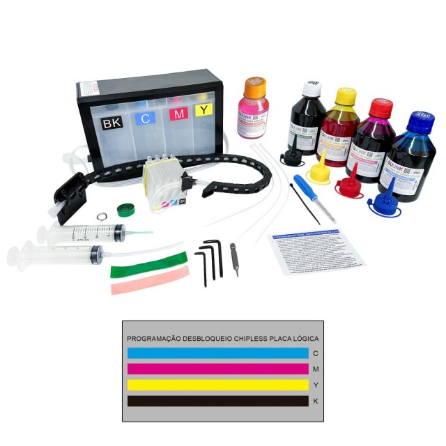 Bulk Ink para Plotter HP T250 T230 T210 A1 24" para Instalação | Com Tinta 4 Cores Corantes + Programação Desbloqueio ChipLess | Cliente deve enviar Placa Lógica