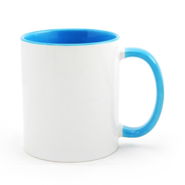 Caneca de Cerâmica Branca com Interior e Alça Colorido para Sublimação | Azul Claro