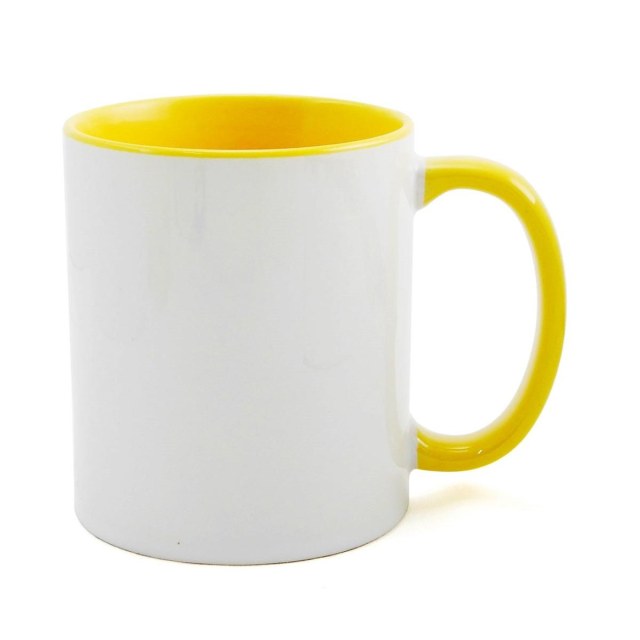 Caneca de Cerâmica Branca com Interior e Alça Colorido para Sublimação | Amarela