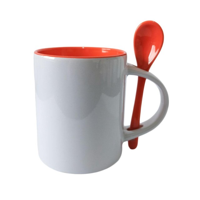 Caneca de Cerâmica Branca com Interior Colorido com Colher para Sublimação | Laranja