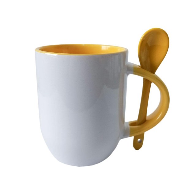 Caneca de Cerâmica Branca com Interior e Alça Colorido com Colher para Sublimação | Base Curvada - Amarela