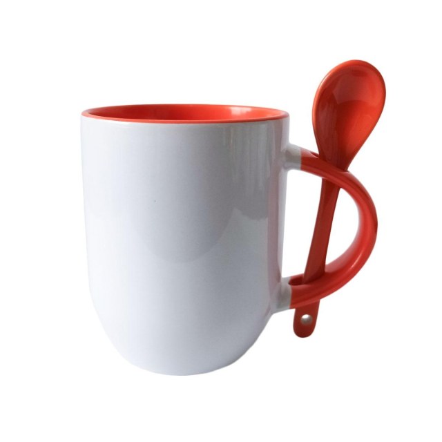 Caneca de Cerâmica Branca com Interior e Alça Colorido com Colher para Sublimação | Base Curvada – Laranja