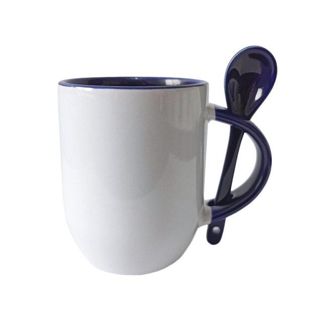 Caneca de Cerâmica Branca com Interior e Alça Colorido com Colher para Sublimação | Base Curvada – Azul Escuro