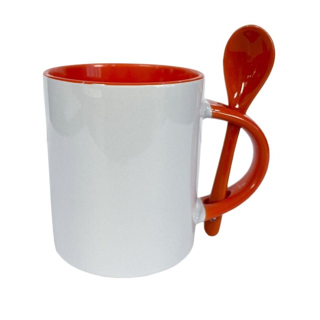 Caneca de Cerâmica Branca com Interior e Alça Colorido com Colher para Sublimação | Laranja