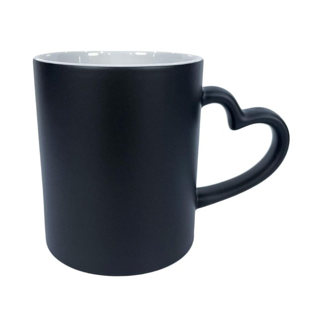 Caneca de Cerâmica Mágica com Alça Coração para Sublimação | Preta Fosca
