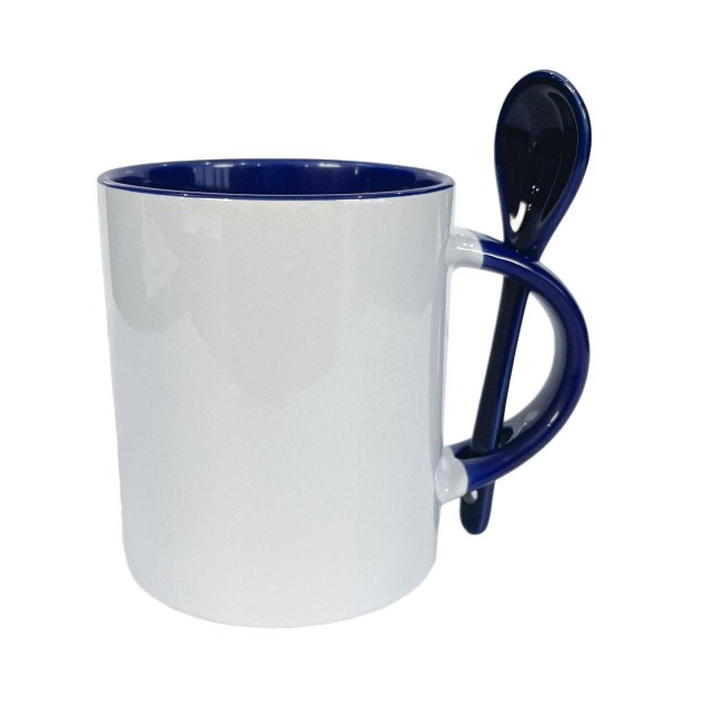 Caneca de Cerâmica Branca com Interior e Alça Colorido com Colher para Sublimação | Azul Escuro