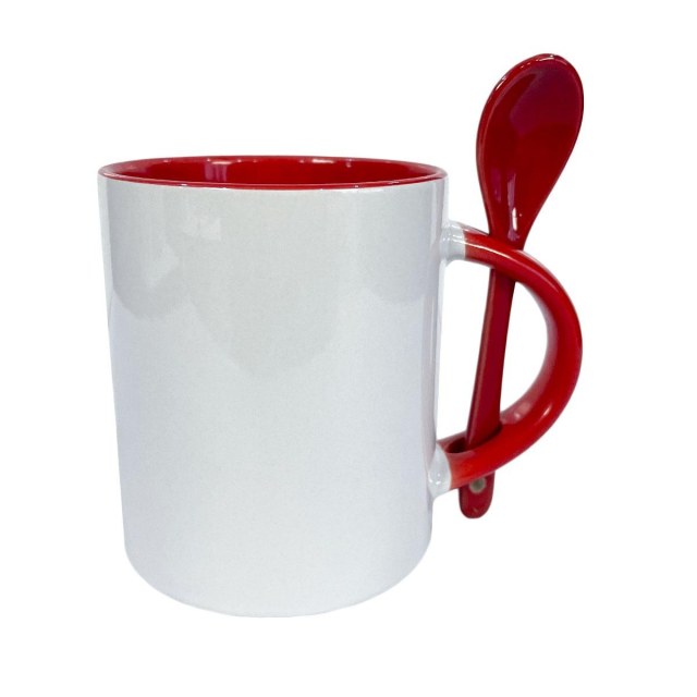 Caneca de Cerâmica Branca com Interior e Alça Colorido com Colher para Sublimação | Vermelha