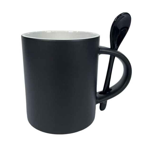 Caneca de Cerâmica Mágica com Colher para Sublimação | Preta Fosca