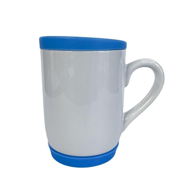 Caneca de Cerâmica Branca com Tampa e Base de Silicone para Sublimação | Azul