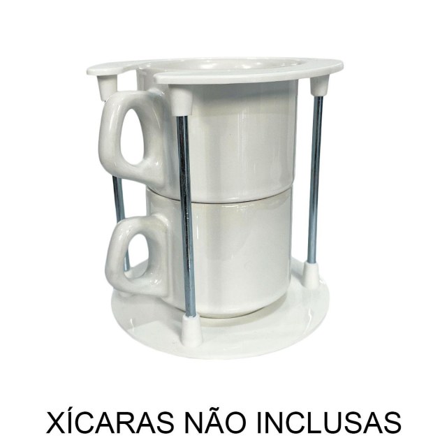 Torre Suporte para 2 Xícaras com Base/Topo em Polímero Branco e Haste de Metal (SM) | Unidade
