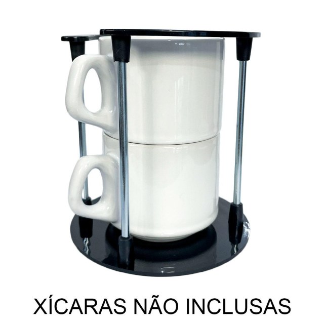 Torre Suporte para 2 Xícaras com Base/Topo em Polímero Preto e Haste de Metal (SM) | Unidade