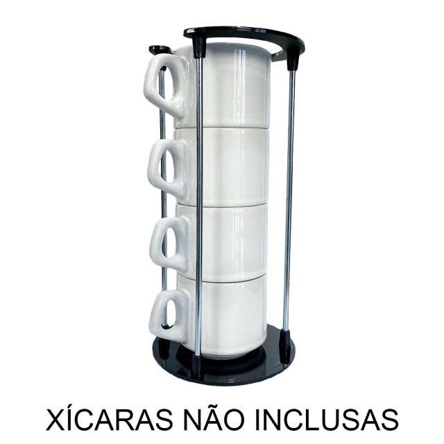 Torre Suporte para 4 Xícaras com Base/Topo em Polímero Preto e Haste de Metal (SM) | Unidade