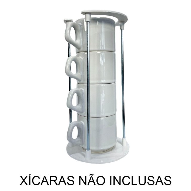 Torre Suporte para 4 Xícaras com Base/Topo em Polímero Branco e Haste de Metal (SM) | Unidade