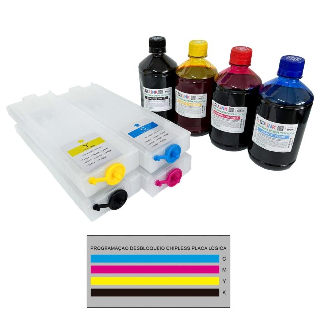 Cartucho Recarregável 4 Cores para Epson WF-C5310 WF-C5390 WF-C5810 WF-C5890 | Com Tinta Corante Precision + Programação Desbloqueio ChipLess Key