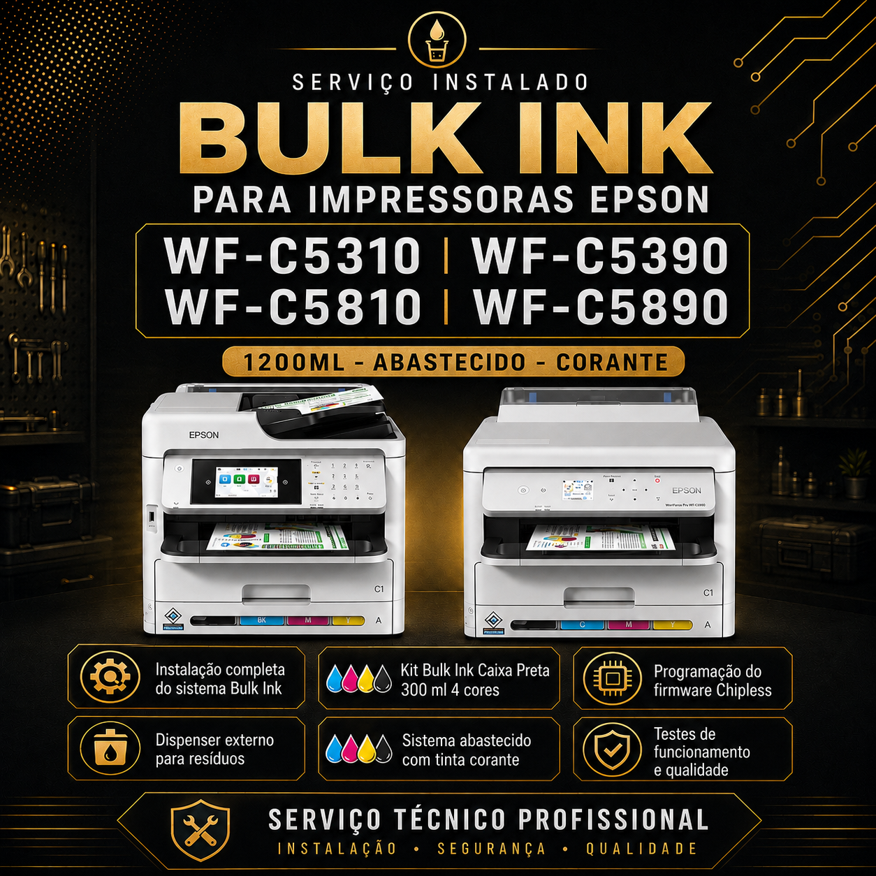 INSTALADO | Bulk Ink para Impressora Epson WF-C5310 WF-C5390 WF-C5810 WF-C5890 | 1200ml - Corante