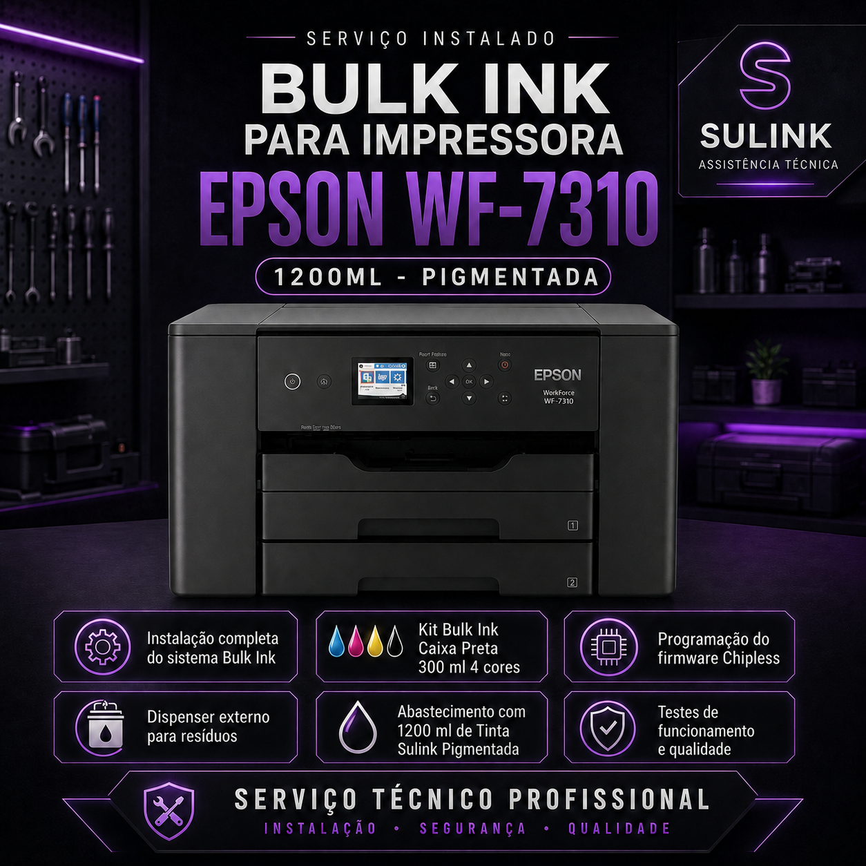 INSTALADO | Bulk Ink para Impressora Epson WF-7310 | 1200ml - Pigmentada