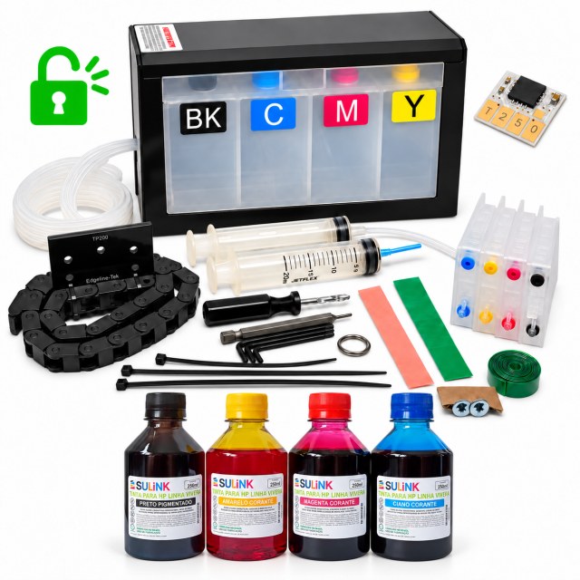 Bulk Ink para Plotter HP T250 T230 T210 A1 24" para Instalação com Cartucho | Preto Pigmentado e Colorido Corante, Com Programação | Cliente deve envi em Sulink