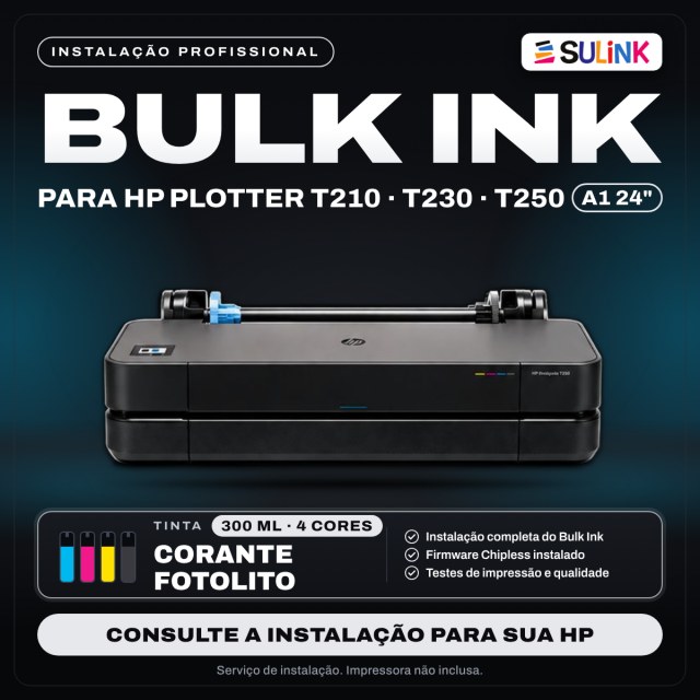 INSTALADO | Bulk Ink para Plotter HP T210 T230 T250 A1 24" | 1200ml - Corante Fotolito