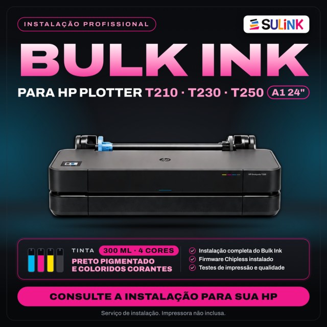 INSTALADO | Bulk Ink para Plotter HP T210 T230 T250 A1 24" | 1200ml - Preto Pigmentado e Colorido Corante