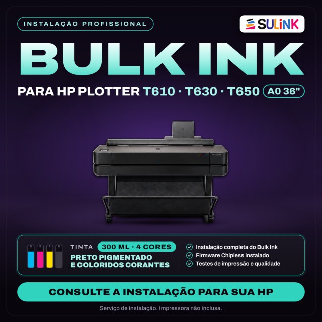 INSTALADO | Bulk Ink para Plotter HP T630 T650 A0 36" | 1200ml - Preto Pigmentado e Colorido Corante