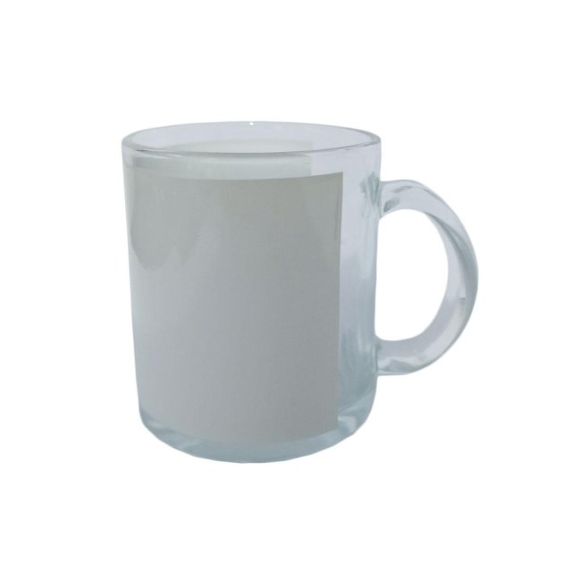Caneca de Vidro Brilhante Translúcida com Tarja Reta Branca para Sublimação