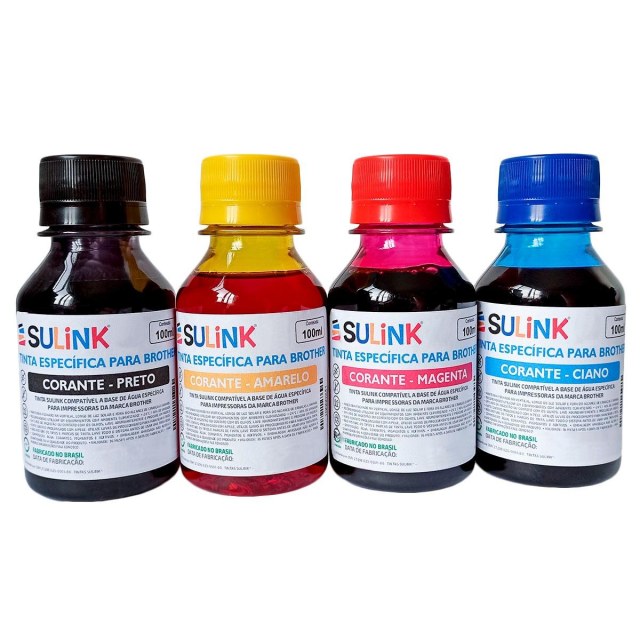 Tinta Sulink para Brother Corante | Kit 400ml (100ml de cada cor Preto, Amarelo, Magenta e Ciano) na Sulink