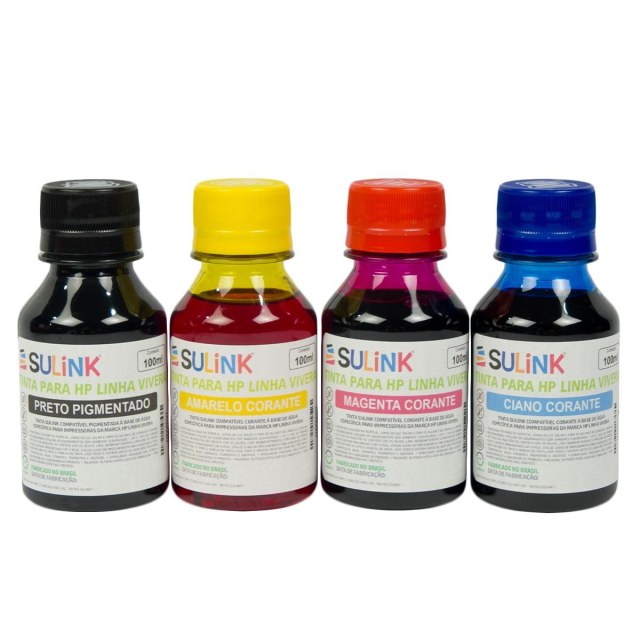 Tinta Sulink HP Linha Vivera - Kit 400ml (100ml de cada cor, Preto Pigmentado e colorido corante) na Sulink