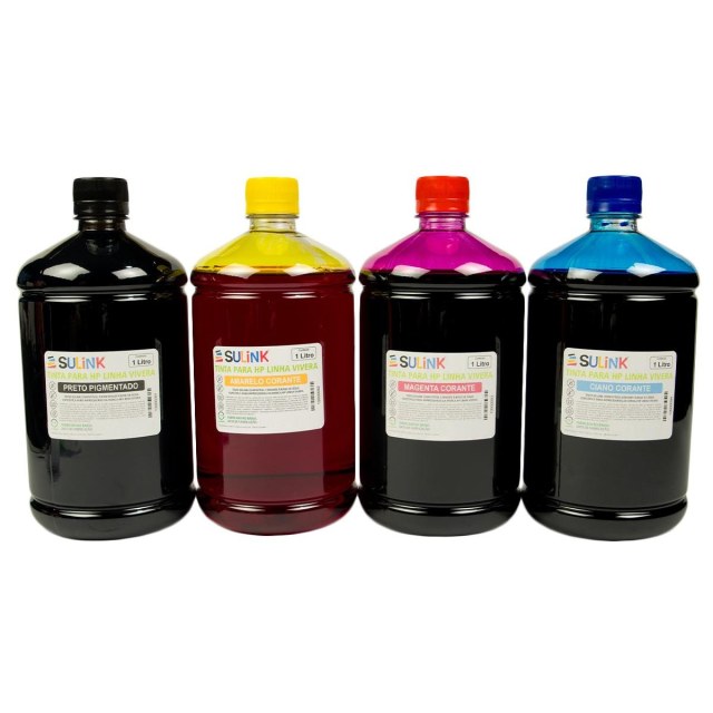 Tinta Sulink para HP Linha Vivera - Kit 4 litros (1 litro de cada cor, preto pigmentado e colorido corante) na Sulink