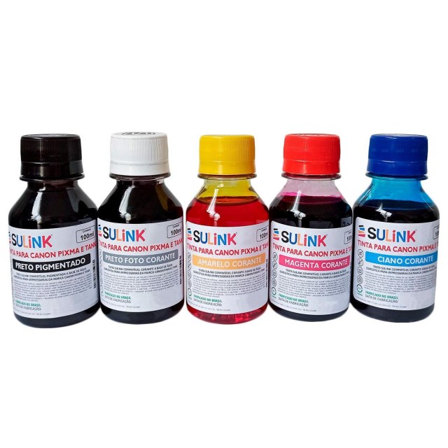 Tinta Sulink para Canon Pixma e Tank - Kit com 500ml (100ml cada cor - preto pigmentado, preto e coloridos corante)
