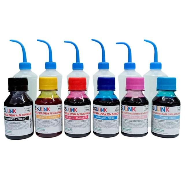 Kit Refil de Tinta 6 Cores para Epson L800, L805, L850 e L1800 com Bico Curvo na Sulink