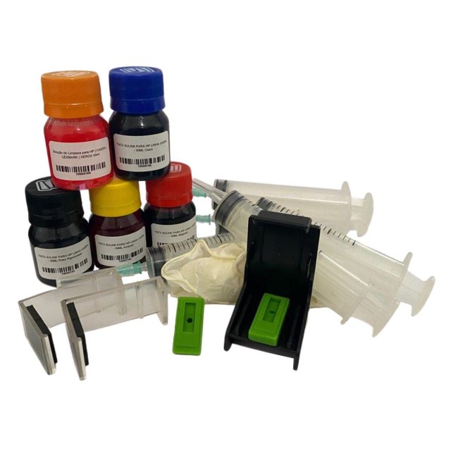 KIT RECARGA FÁCIL PARA HP DE 2 CARTUCHOS 120ML (30ML PRETO PIGMENTADO E 30ML CADA COLORIDO CORANTE) na Sulink