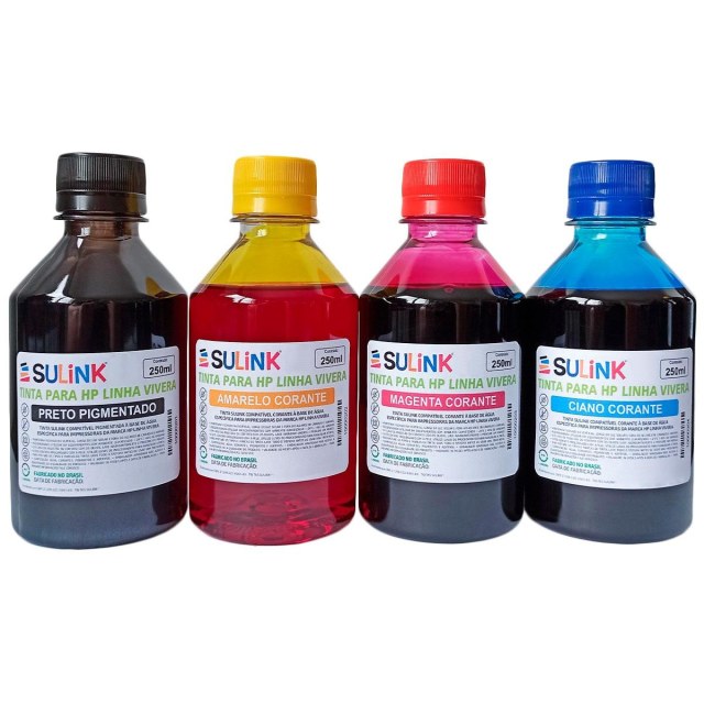Tinta Sulink para HP Linha Vivera - Kit 1 Litro (250ml Preto Pigmentado e 250ml cada Colorido Corante)