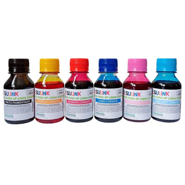 Tinta Sulink para HP Linha Vivera - Kit 600ml (100ml Preto Pigmentado e 100ml cada Colorido corante) na Sulink