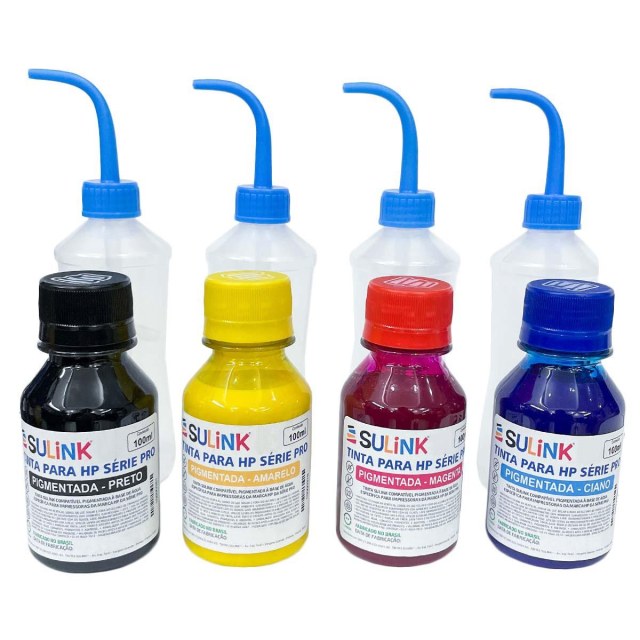 Tinta Sulink para HP Série PRO Pigmentada - Kit 400ml (100ml cada cor) + 4 Frascos bico curvo 125ml