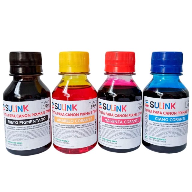Tinta Sulink para Canon Pixma e Tank - Kit 400ml (100ml Preto Pigmentado e 100ml cada colorido corante)