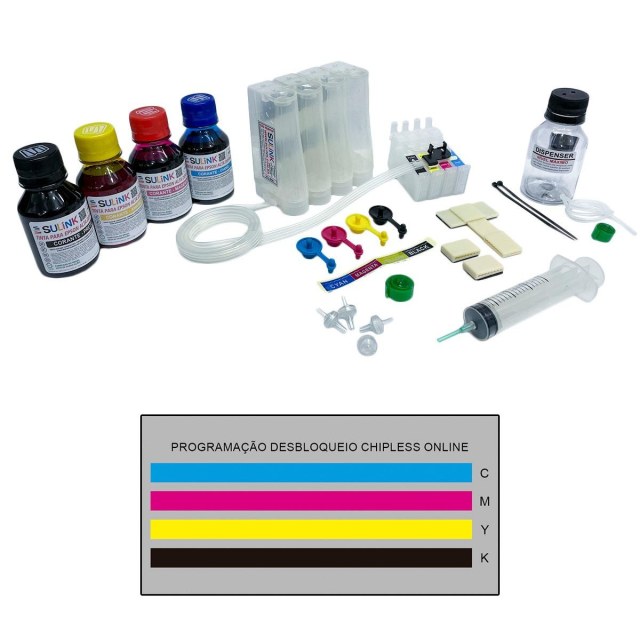 Bulk ink para Impressora Epson XP-231 XP-241 XP-431 XP-441 | Com Tinta Corante + Programação Desbloqueio ChipLess Key + Dispenser na Sulink