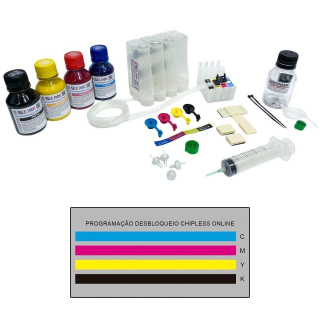 Bulk ink para Impressora Epson XP-231 XP-241 XP-431 XP-441 | Com Tinta Pigmentada + Programação Desbloqueio ChipLess Key + Dispenser na Sulink