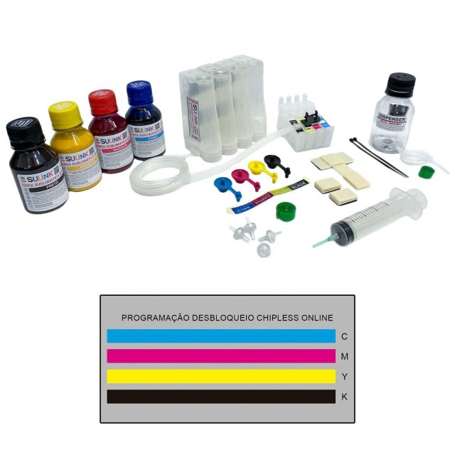 Bulk ink para Impressora Epson XP-231 XP-241 XP-431 XP-441 | Com Tinta Sublimática + Programação Desbloqueio ChipLess Key + Dispenser na Sulink