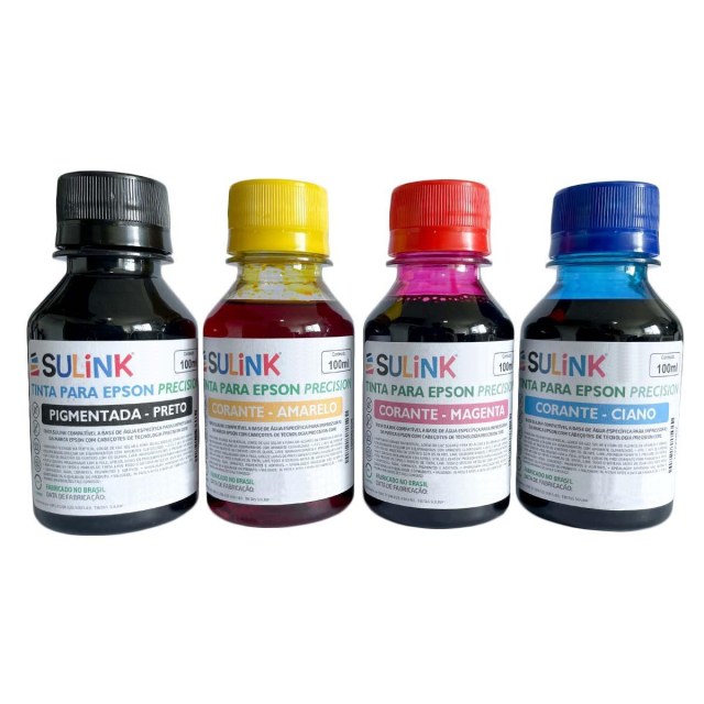 Tinta Sulink para Epson L4150 L4160 L4260 L6161 L6171 L6191 - Kit 400ml (100ml Preto Pigmentado e 100ml cada Colorido Corante) na Sulink