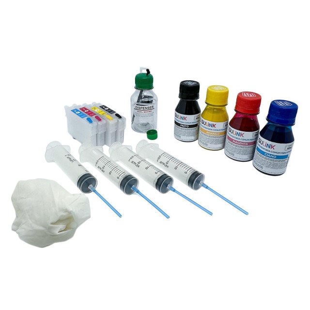 Kit Cartuchos Recarregáveis para Epson 4 Cores (Modelo 1 - SEM CHIP) + Tinta Pigmentada na Sulink