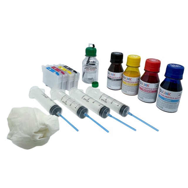 Kit Cartuchos Recarregáveis para Epson 4 Cores (Modelo 1 - SEM CHIP) + Tinta Sublimática na Sulink