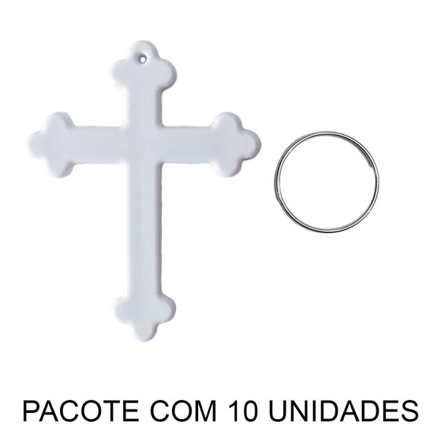 Chaveiro em Polímero Cruz Branco para Sublimação (UDP) com Argola | Pacote com 10 Unidades
