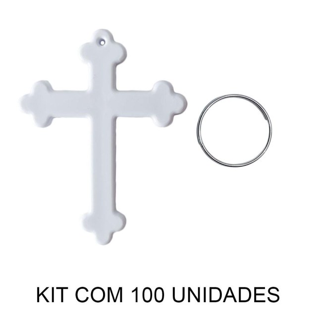 Chaveiro em Polímero Cruz Branco para Sublimação (UDP) com Argola | Kit com 100 Unidades