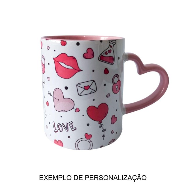 Caneca de Cerâmica Branca com Interior e Alça Coração Colorido para Sublimação | Rosa na Sulink