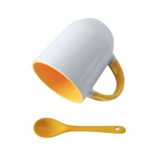 Caneca de Cerâmica Branca com Interior e Alça Colorido com Colher para Sublimação | Base Curvada - Amarela na Sulink