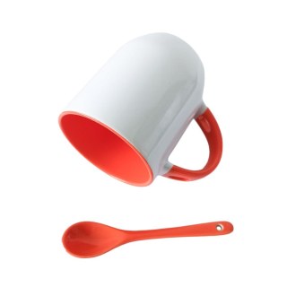 Caneca de Cerâmica Branca com Interior e Alça Colorido com Colher para Sublimação | Base Curvada – Laranja na Sulink