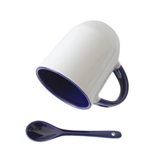Caneca de Cerâmica Branca com Interior e Alça Colorido com Colher para Sublimação | Base Curvada – Azul Escuro na Sulink