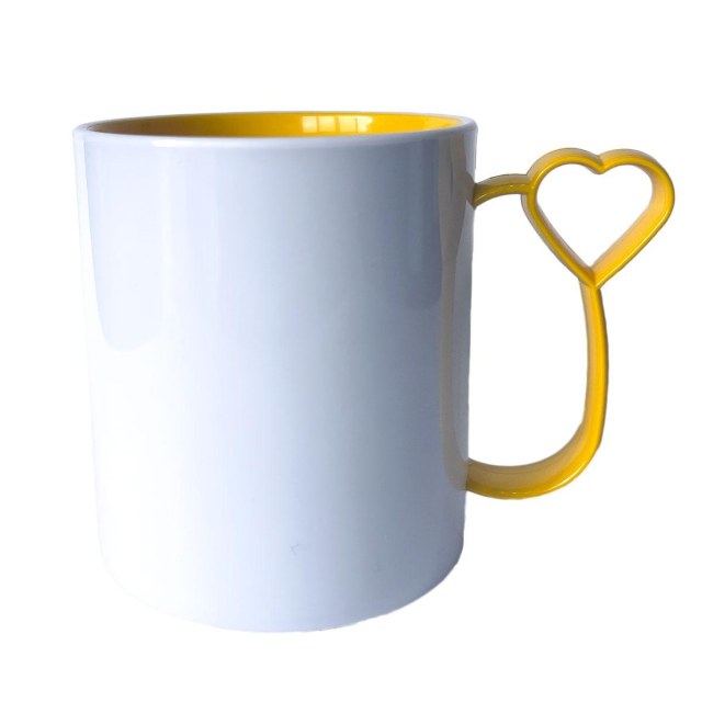 Caneca de Plástico Polímero 360ml Branca com Interior e Alça Coraçãozinho Colorido para Sublimação (ADP) | Amarela