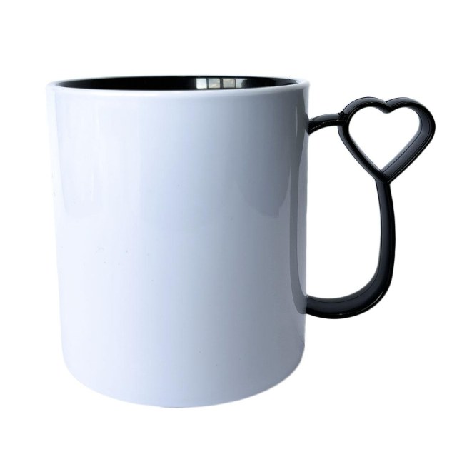 Caneca de Plástico Polímero 360ml Branca com Interior e Alça Coraçãozinho Colorido para Sublimação (ADP) | Preta