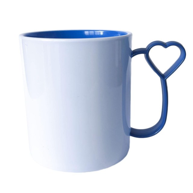 Caneca de Plástico Polímero 360ml Branca com Interior e Alça Coraçãozinho Colorido para Sublimação (ADP) | Azul Royal